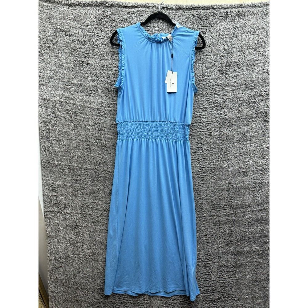 HALSTON Smocked Waist Dress Knit Jersey in Aqua‎ Blue Size Large NWT